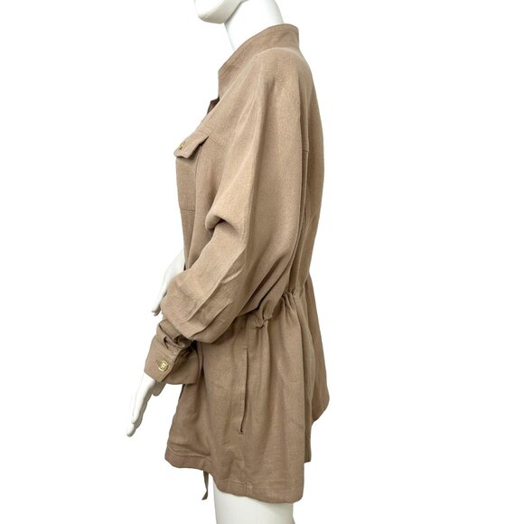 Susan Graver Jacket Top Taupe 1X Long Sleeve Mandarin Collar Buttons Linen Blend - Picture 2 of 16